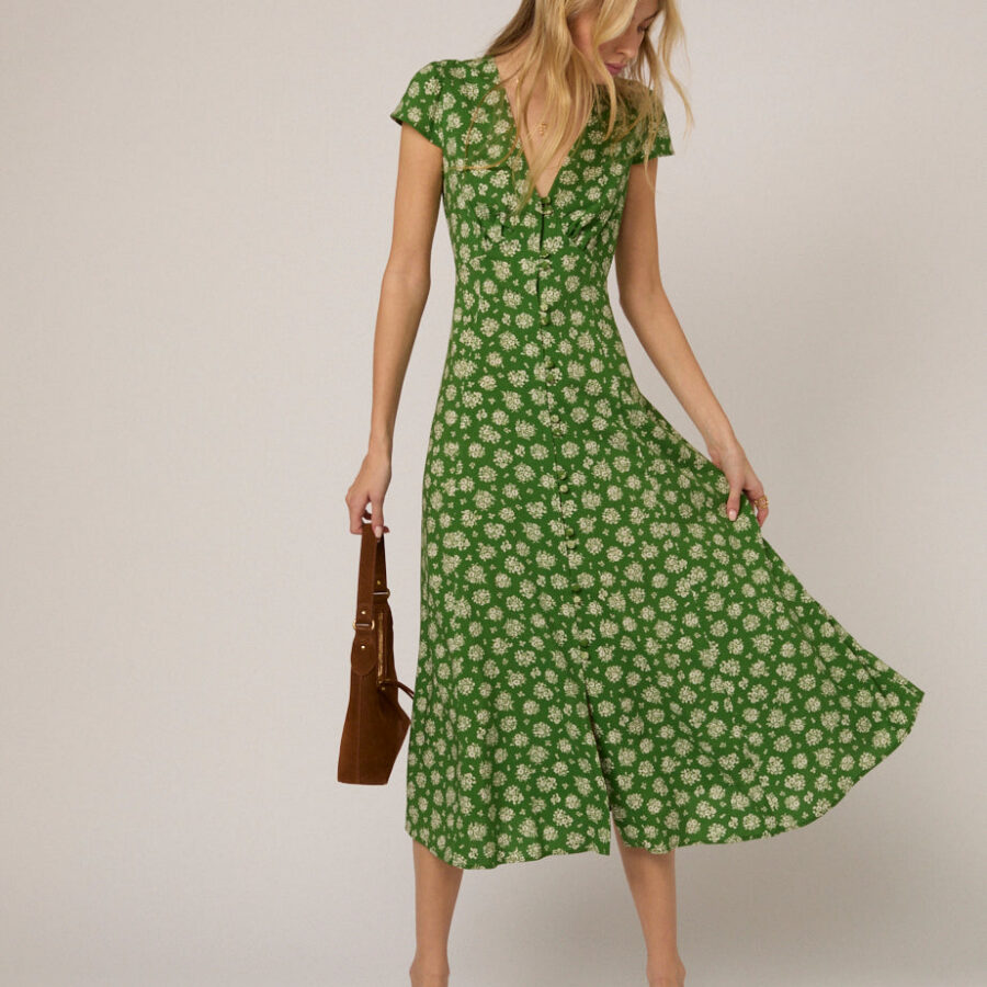 Green Floral Button Front Neck Classic Midi Dress