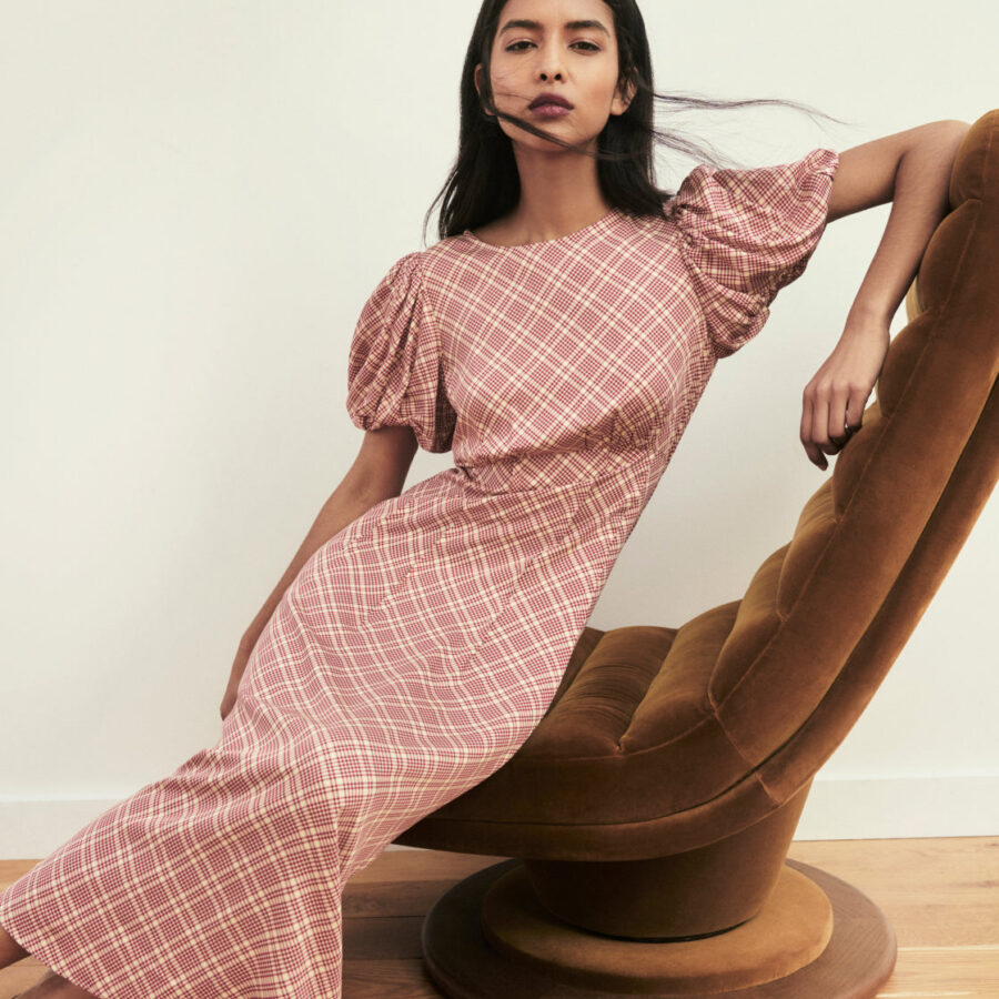 Red Check Puff Sleeve Short Midi Dress