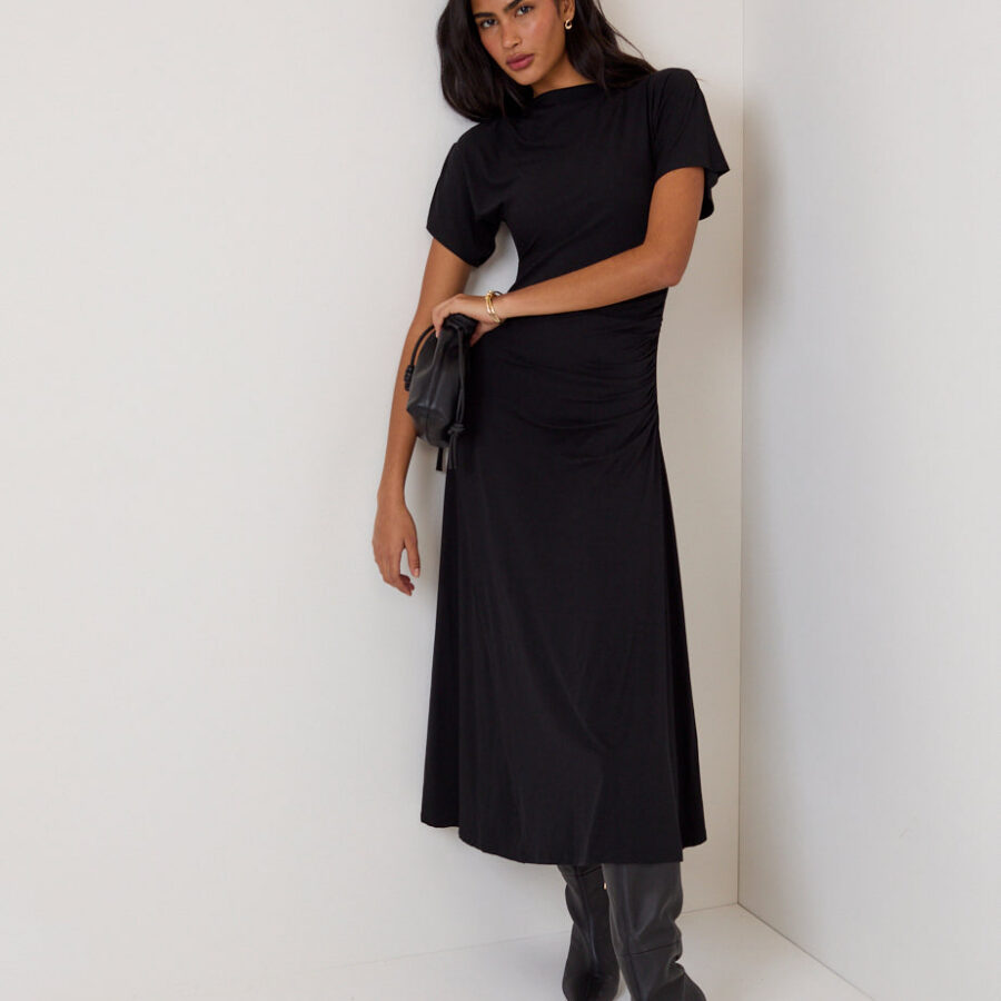 Black Jersey Long Sleeve Short Midi Dress