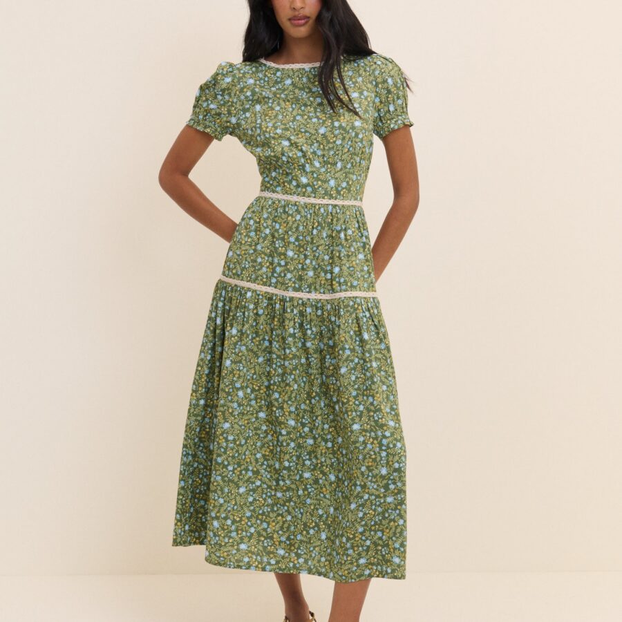 Green Floral Lace Tiered Puff Sleeve Midi Dress