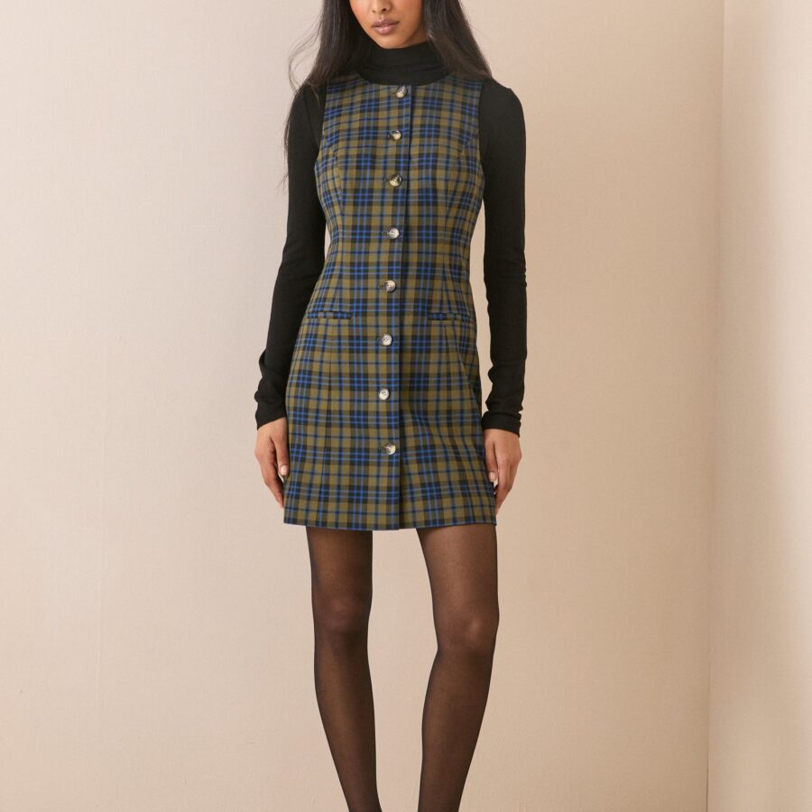 Green Checked Structured Soft Dress
