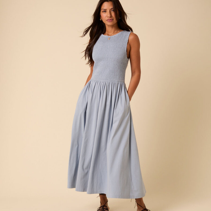 Blue Jersey Drop Waist Shirred Midi Dress