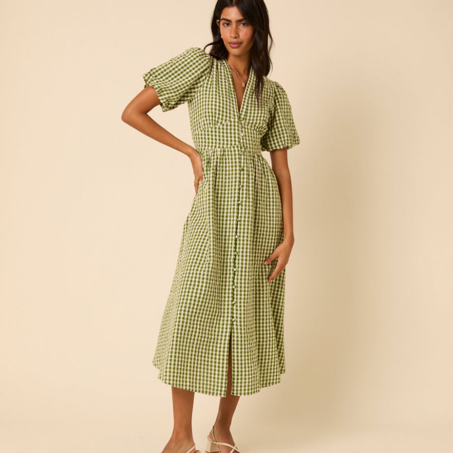 Green Button Front Neck Midi Dress