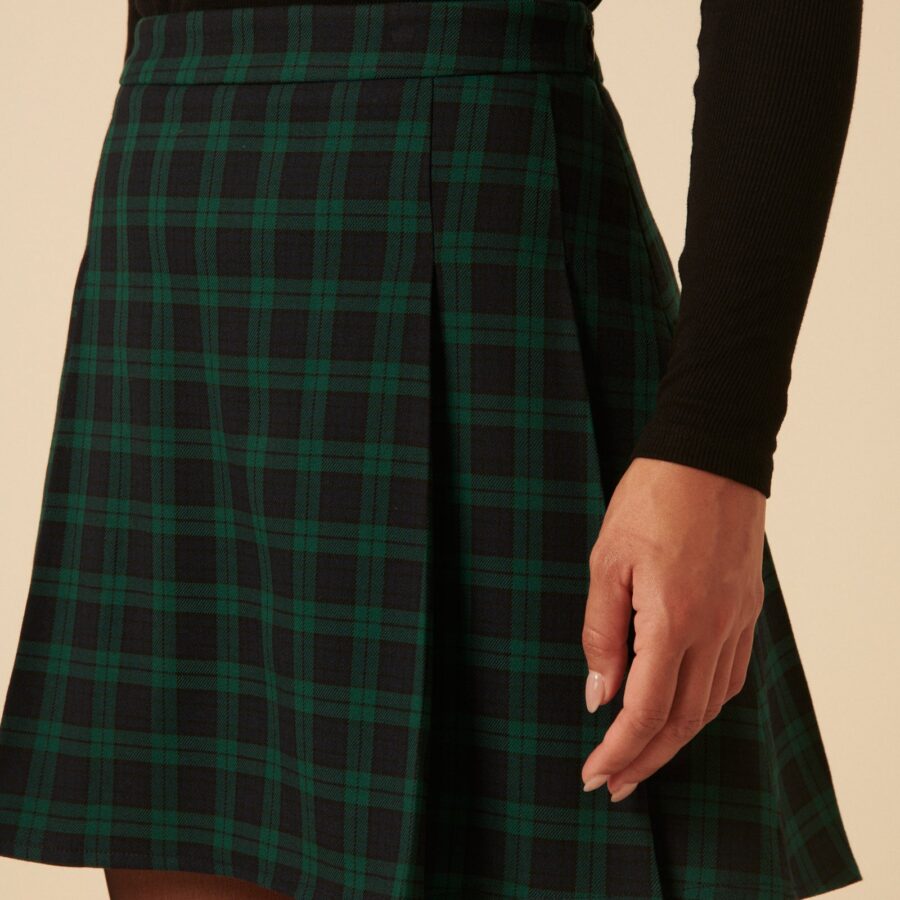 Green Checked High Waisted Pleated Skirt