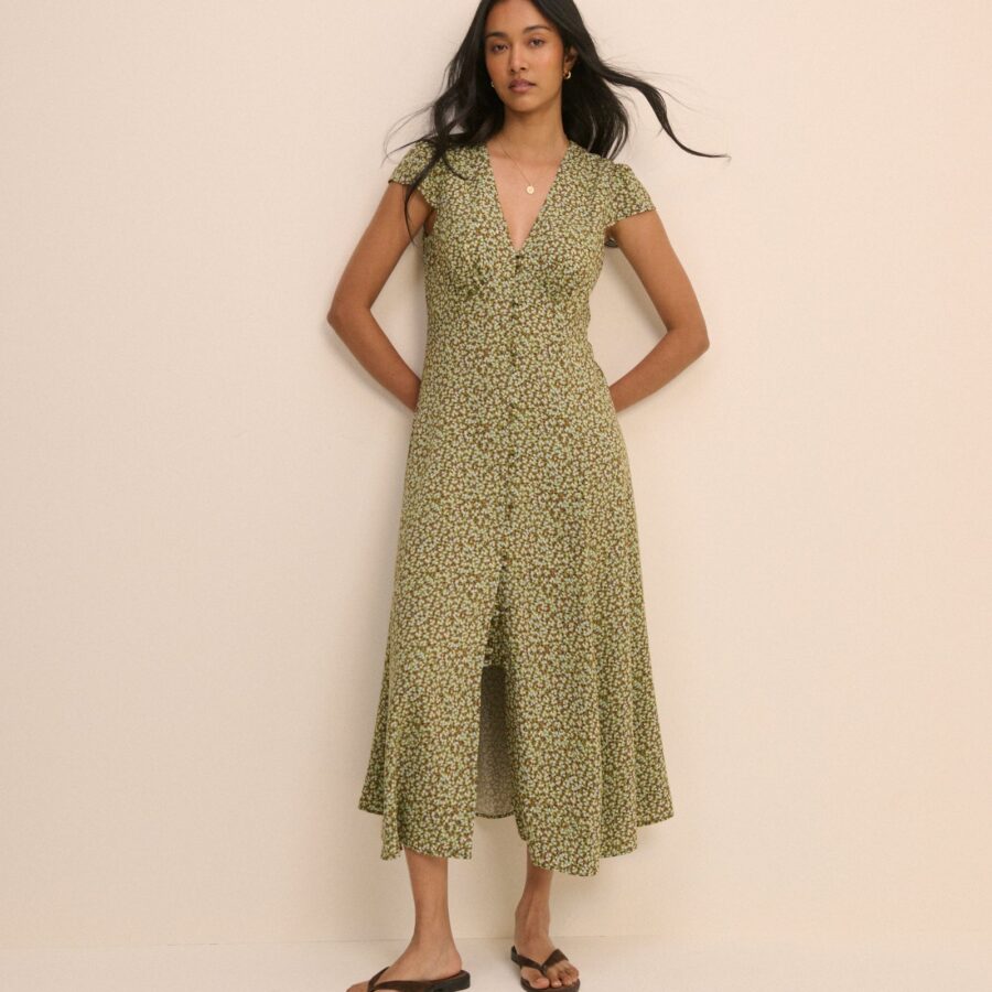 Green Floral Button Front Neck Midi Dress