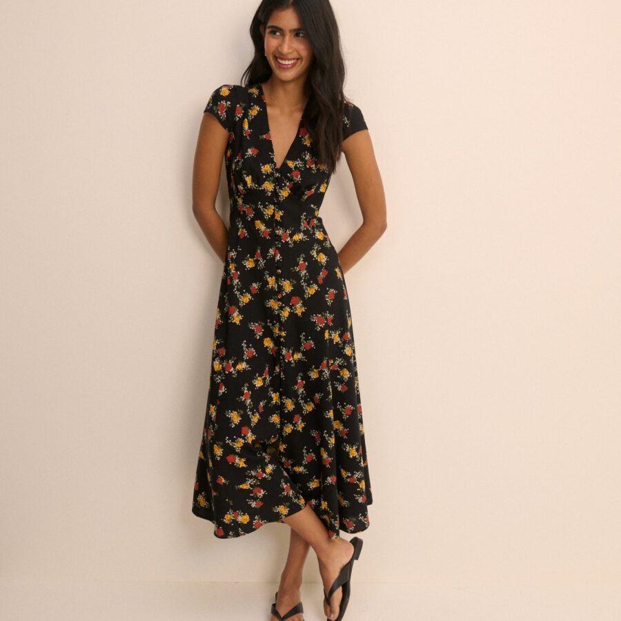 Black Floral Button Front Neck Midi Dress