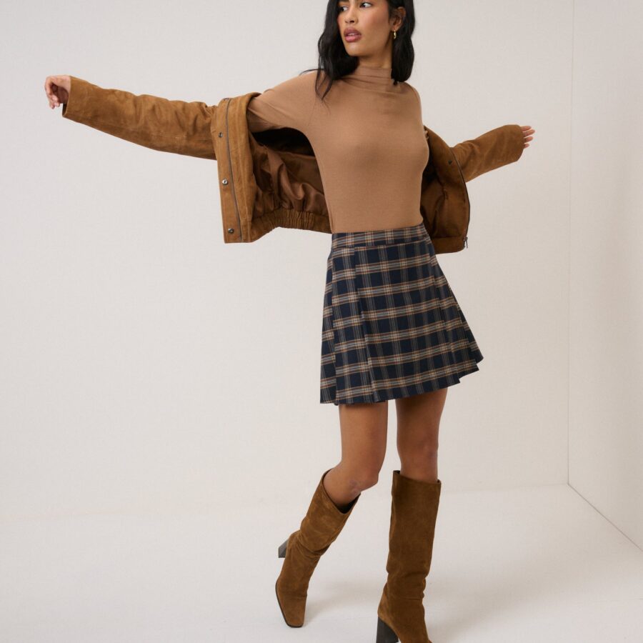 Navy Tartan High Waisted Pleated Skirt