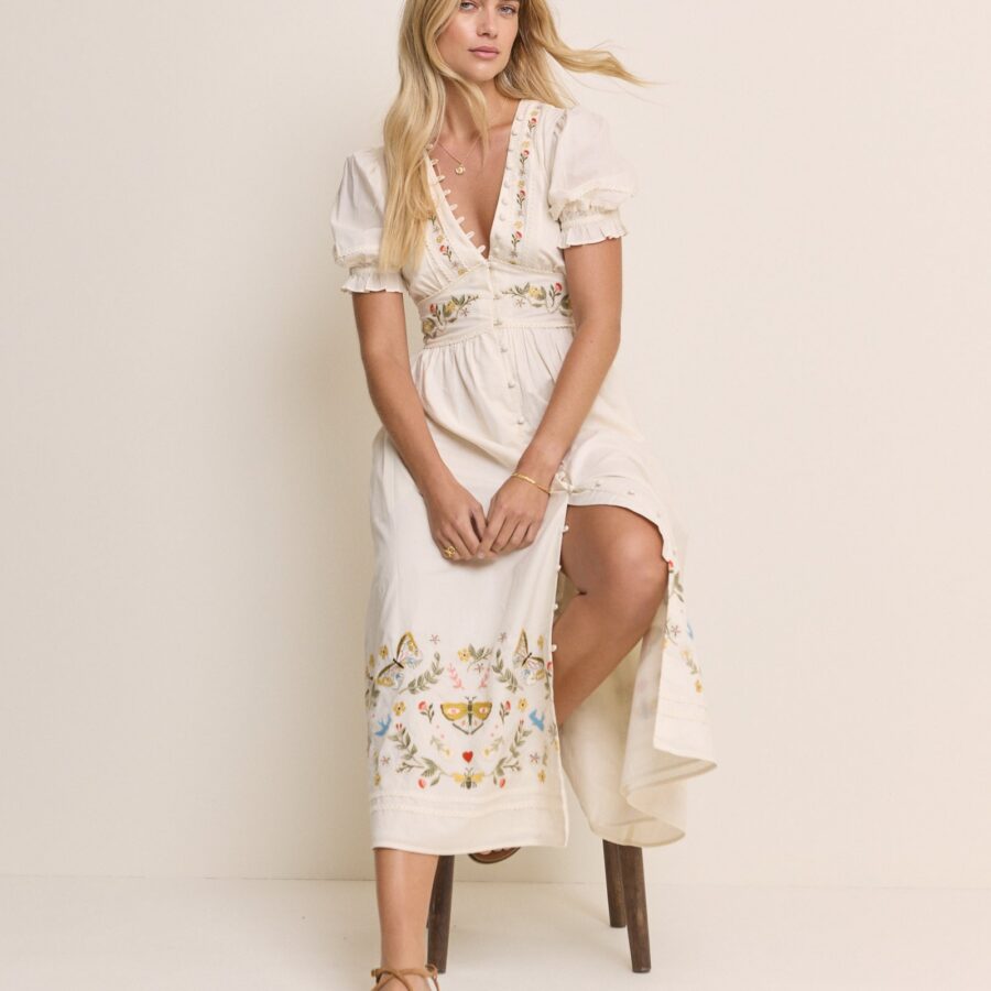 White Printed Cotton Button Front Midi Dress