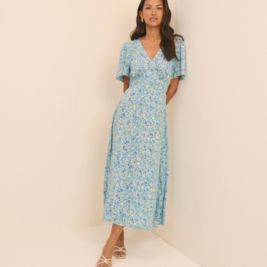 Blue Floral Neck Short Sleeve Midi Dress