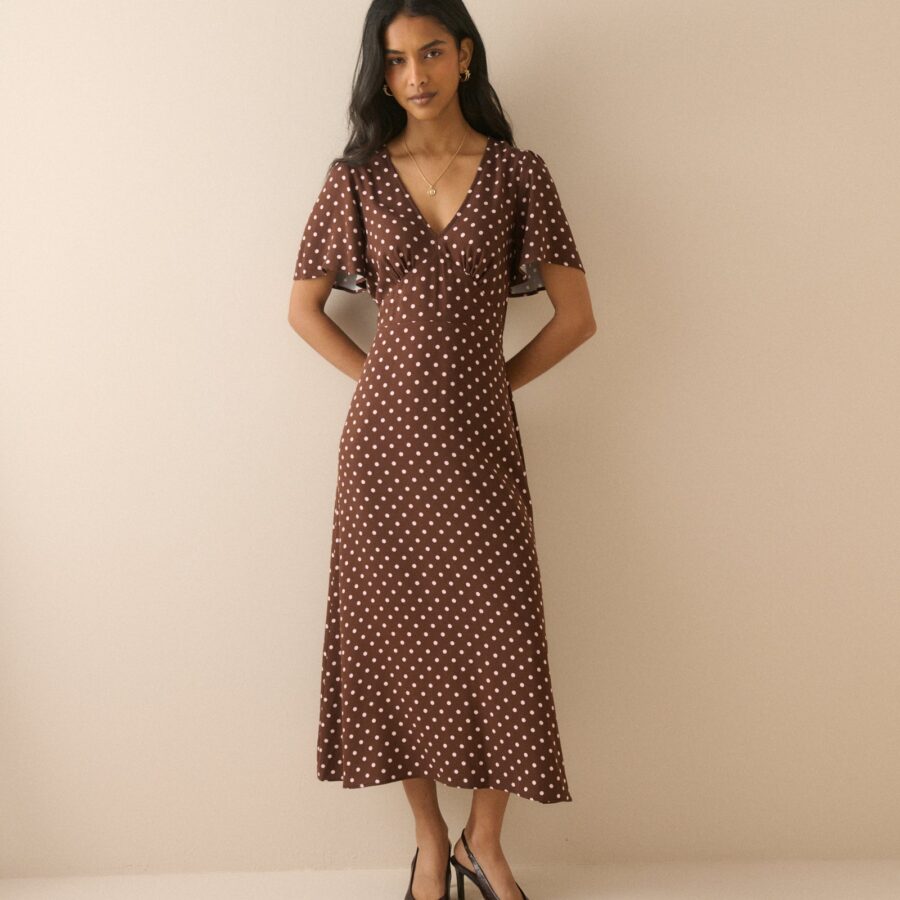 Brown Polka Dot Neck Midi Dress