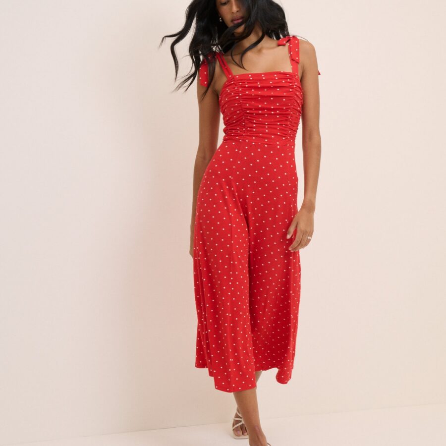 Red Polka Dot Jersey Square Neck Midi Dress