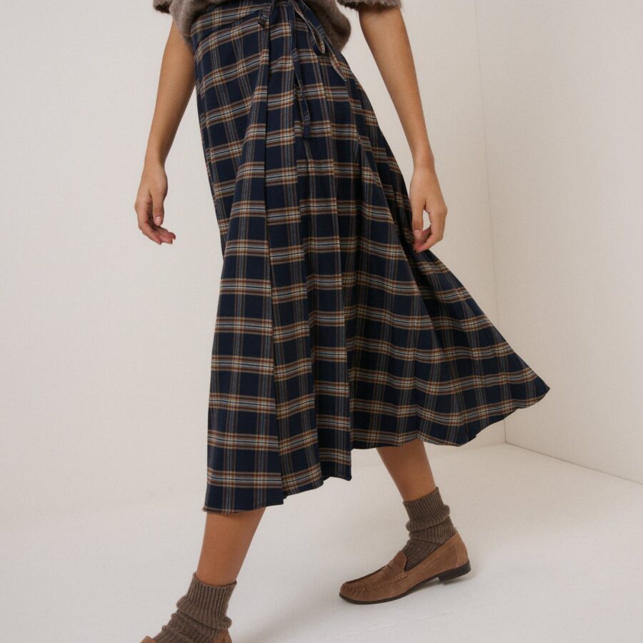 Navy Tartan High Waisted Tailored Skirt