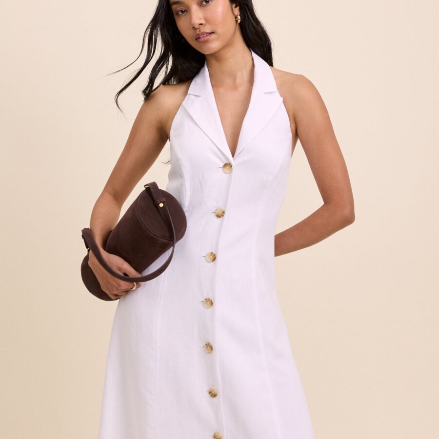 White Linen Button Front Shirred Midi Dress