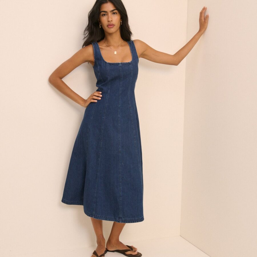 Blue Silver Cotton Square Neck Refined Midi Dress