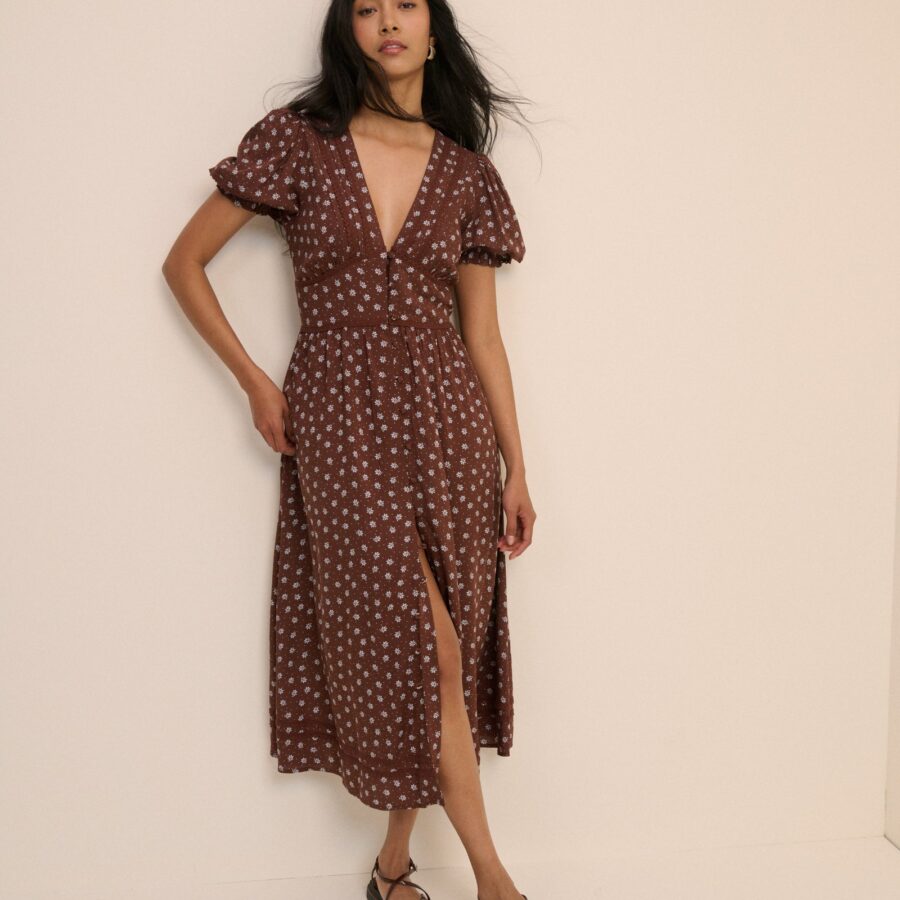 Brown Floral Lace Button Front Midi Dress