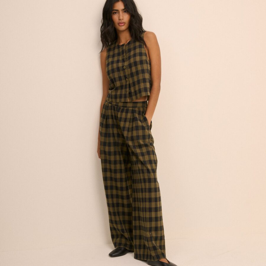 Green Checked High Waisted Wide Leg Trousers