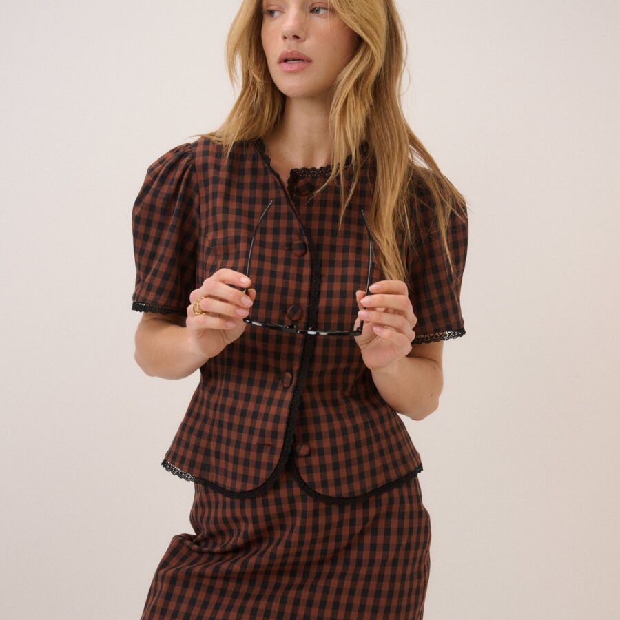Brown Gingham High Waisted Tailored Skirt