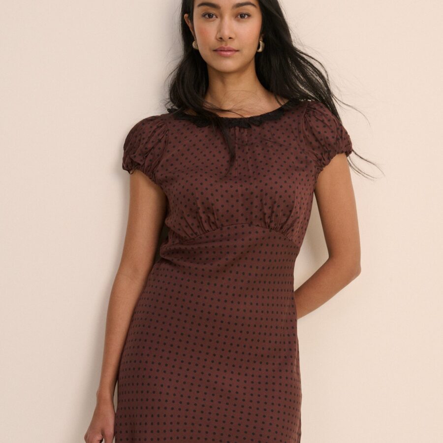 Brown Polka Dot Lace Shirred Midi Dress