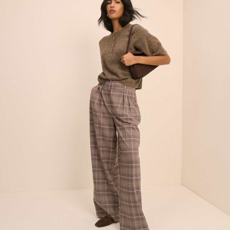 Brown Checked High Waisted Wide Leg Everyday Trousers