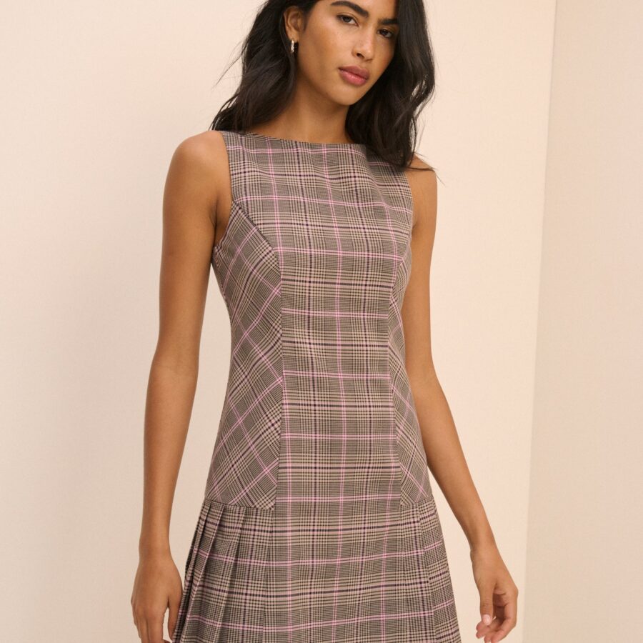 Brown Checked Drop Waist Boat Neck Dress