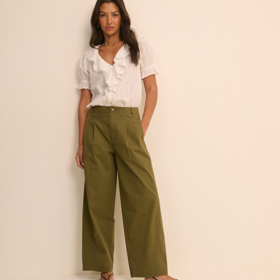 Khaki Barrel Leg Pleated Trousers