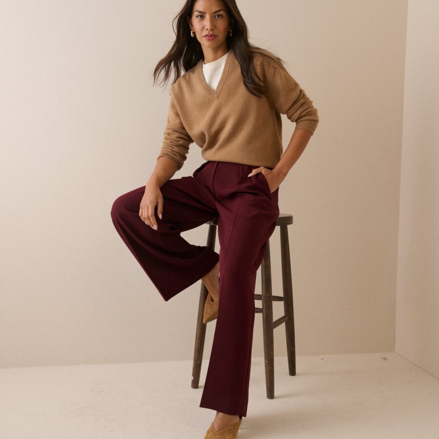 Burgundy Crepe High Waisted Wide Leg Trousers