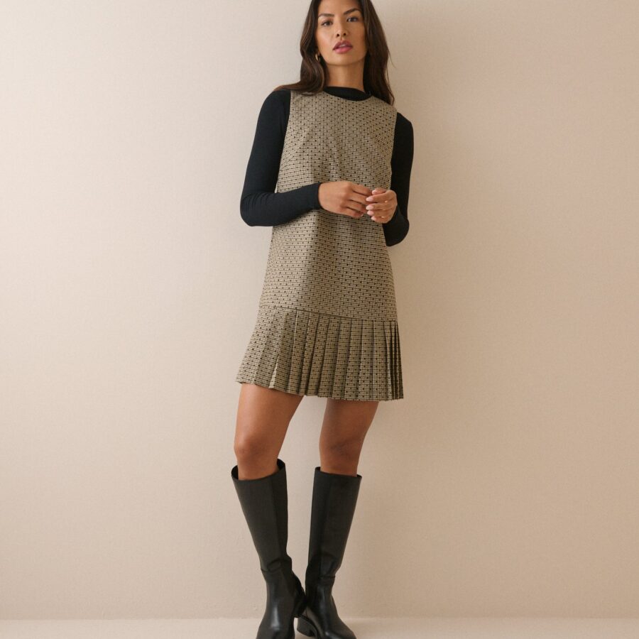 Beige Checked Drop Waist Pleated Dress
