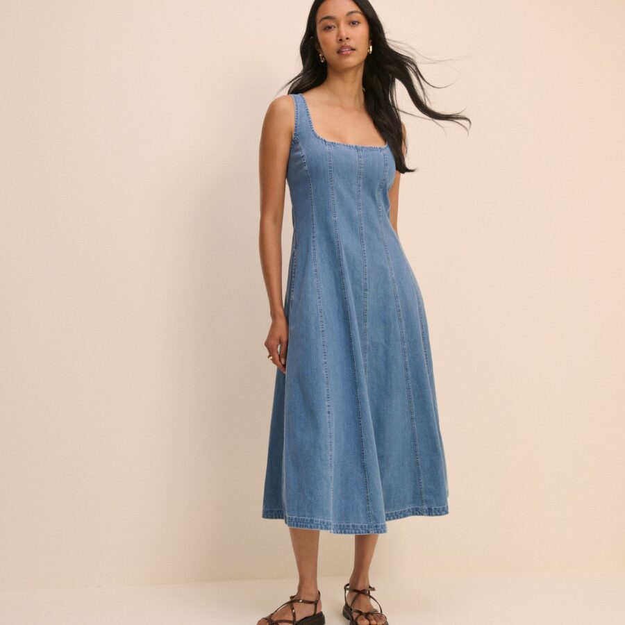 Blue Silver Cotton Square Neck Classic Midi Dress
