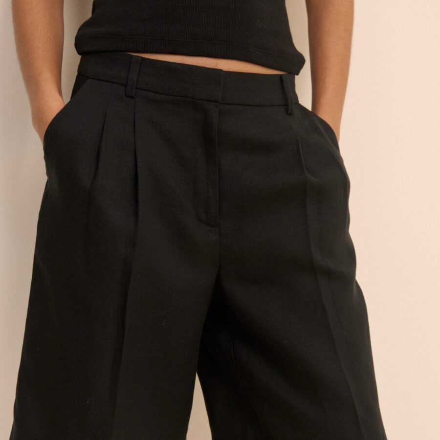 Black Linen Blend High Waisted Tailored Shorts