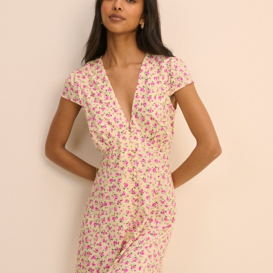 Cream Pink Floral Button Front Midi Dress