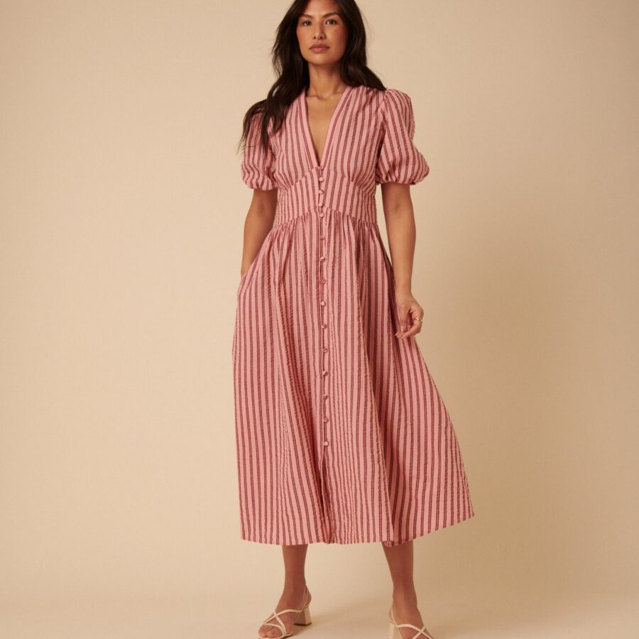 Multi Striped Cotton Button Front Midi Dress
