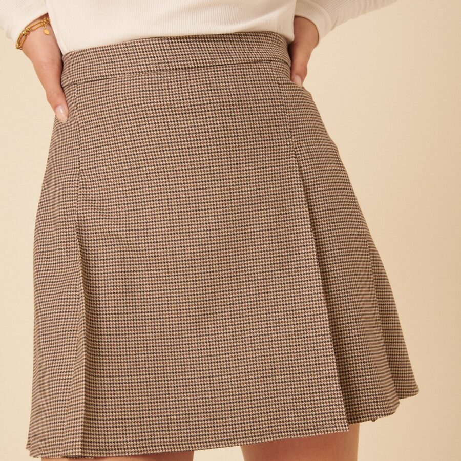 Brown Checked High Waisted Pleated Skirt