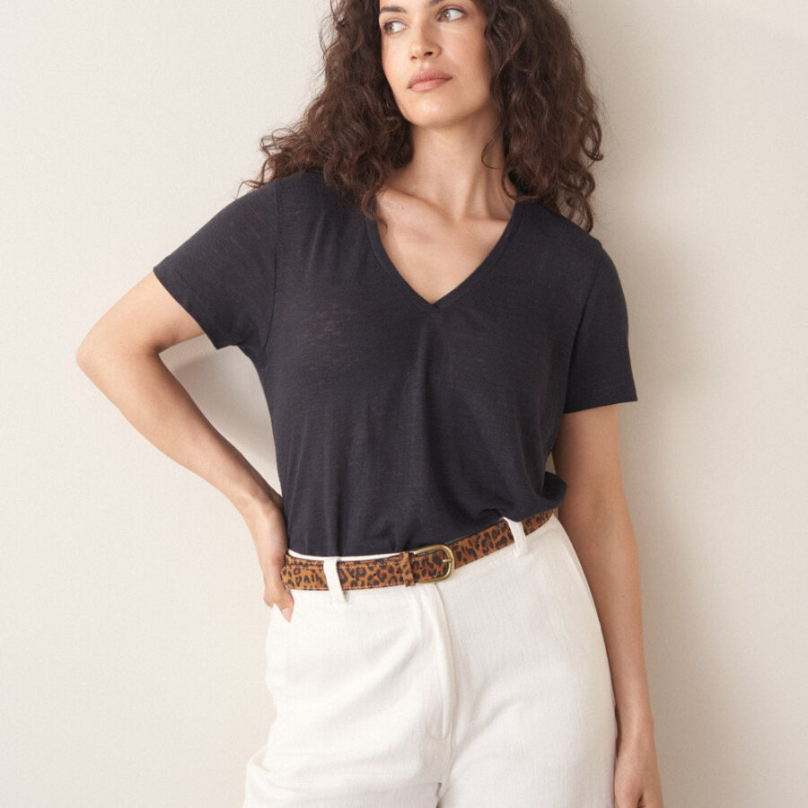 Black V Neck Linen Shirt