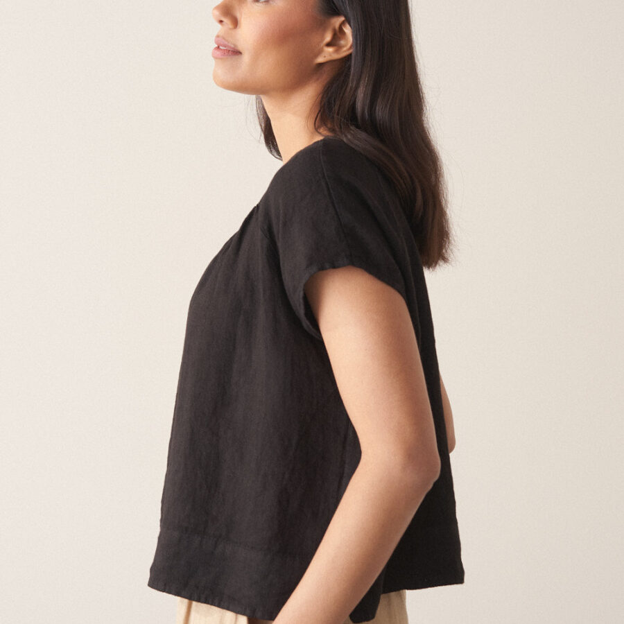 Black Cap Sleeve Linen Top