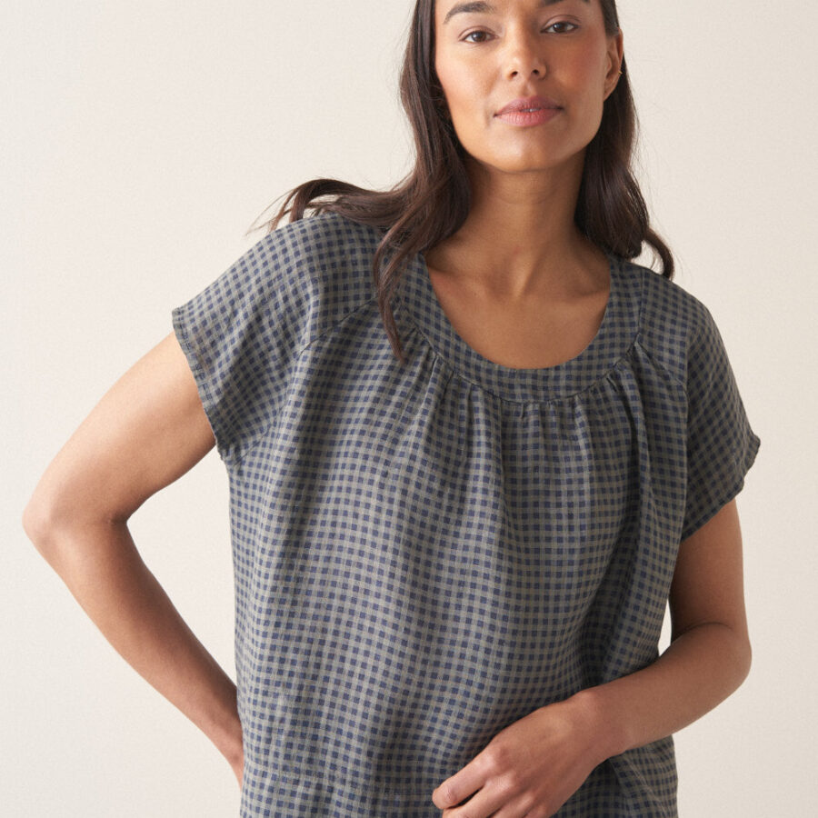 Navy Checked Linen Top